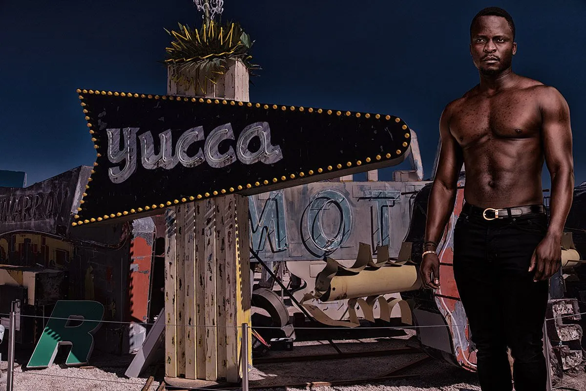 Soft-light Vegas neon male portrait frame in Mykonos, Greece