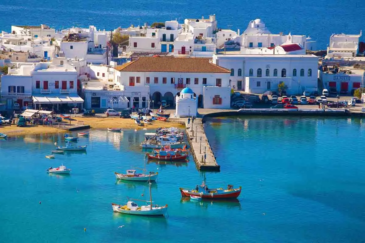 Mykonos old port with fishing boats travel photography in Greece