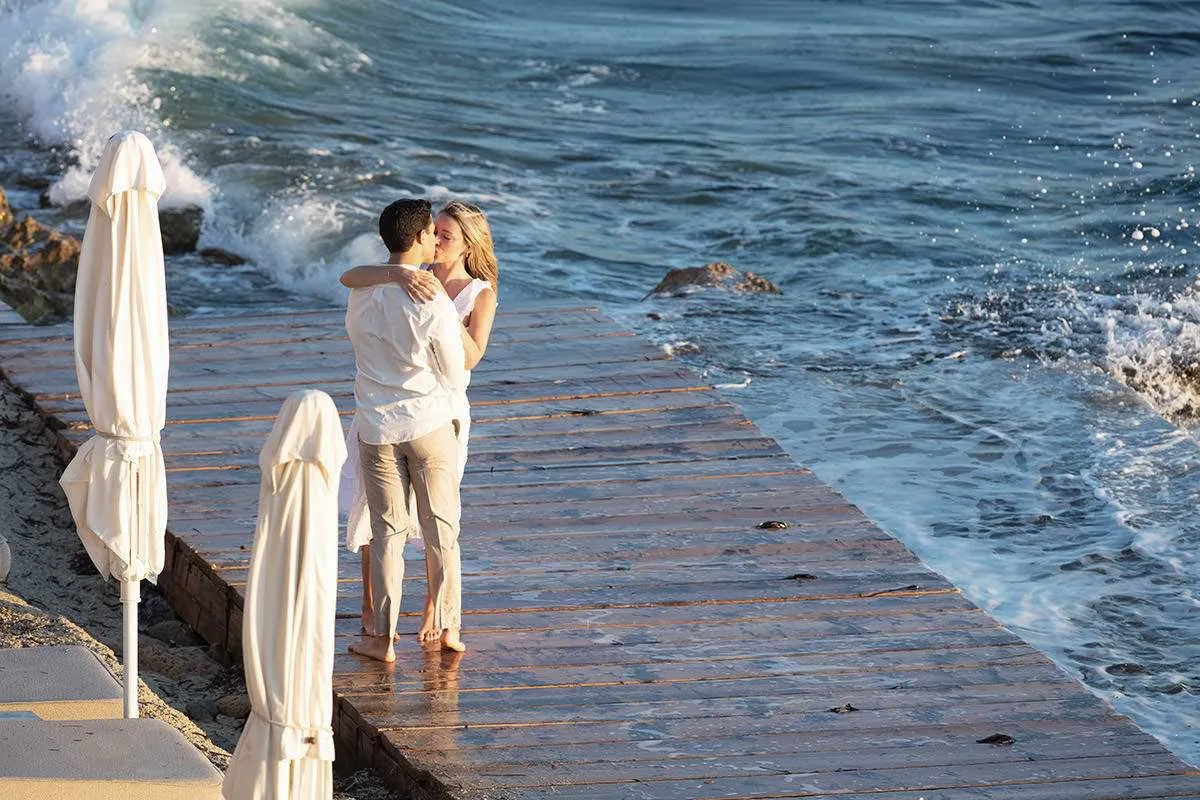 Sunlit beach wedding proposal view in Mykonos, Greece