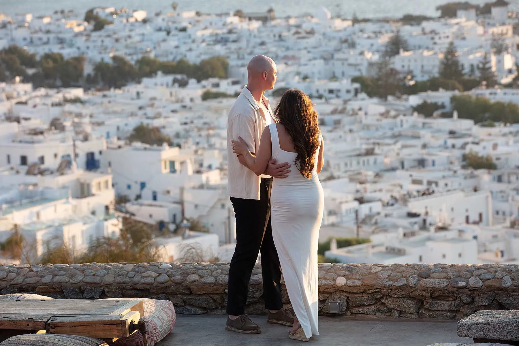 Sunlit sunset view wedding proposal frame in Mykonos, Greece