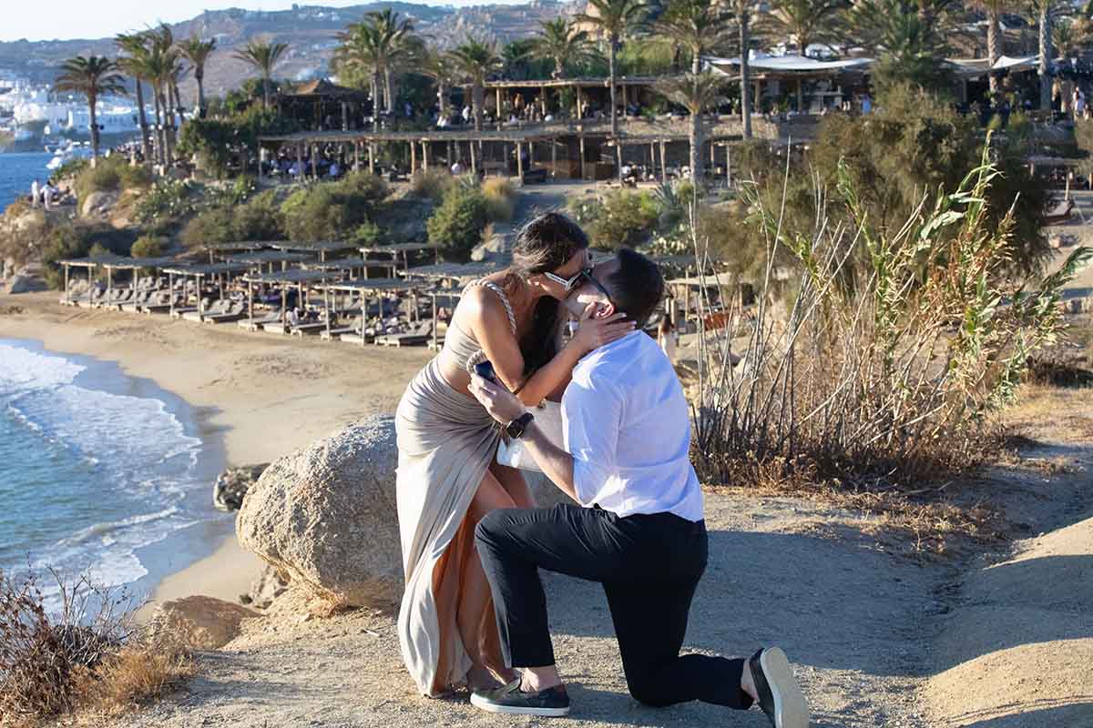 Sunlit sunset view wedding proposal view in Mykonos, Greece