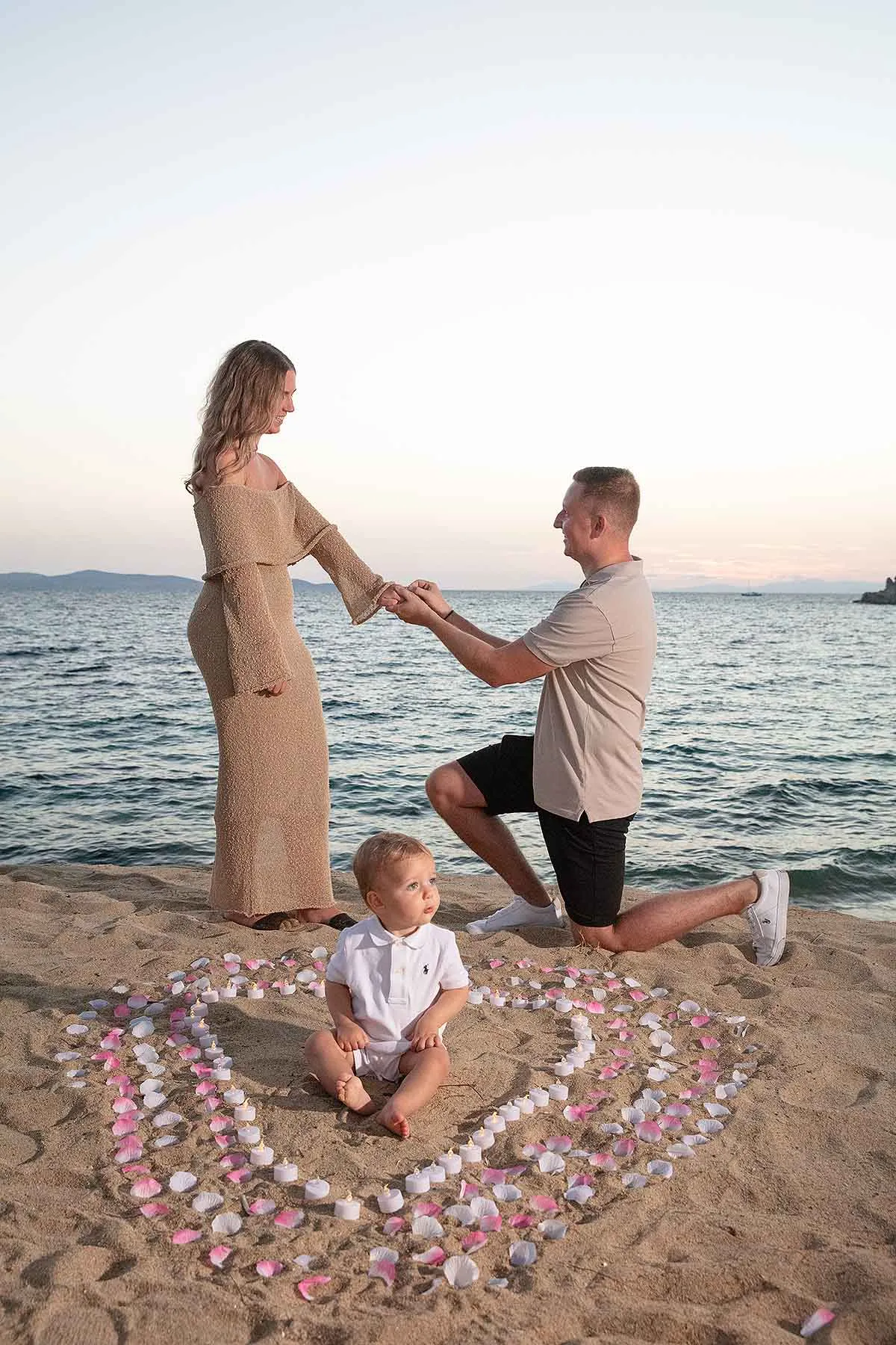 Sunlit sunset view wedding proposal outtake in Mykonos, Greece