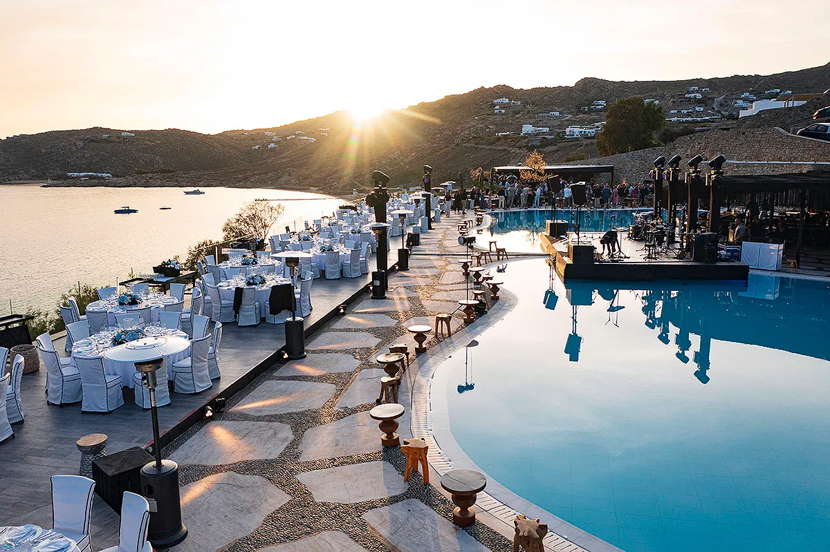 Sunlit aerial drone wedding photography at a Mykonos villa, in Mykonos, Greece