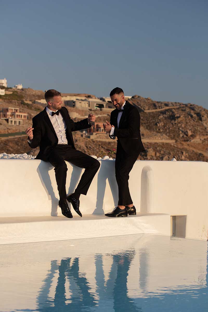 Sunlit bridal glow wedding photography on a Cycladic terrace, in Mykonos, Greece
