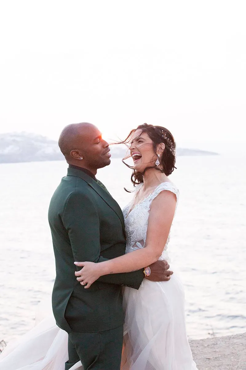 Sunlit chapel wedding photography by the Aegean sea, in Mykonos, Greece