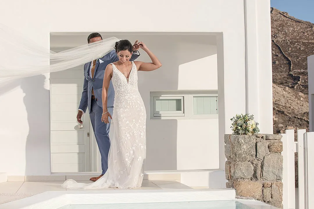 Sunlit clifftop wedding photography at a Mykonos villa, in Mykonos, Greece