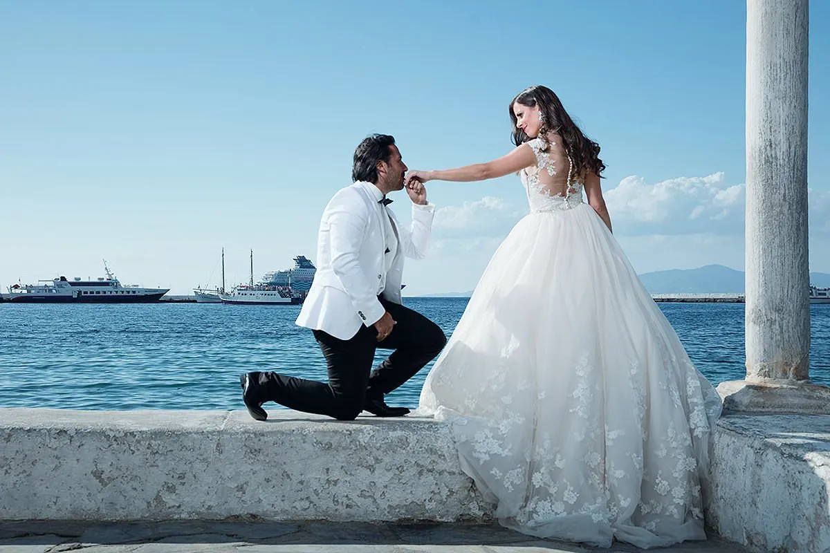 Sunlit dancefloor wedding photography at a Mykonos villa, in Mykonos, Greece