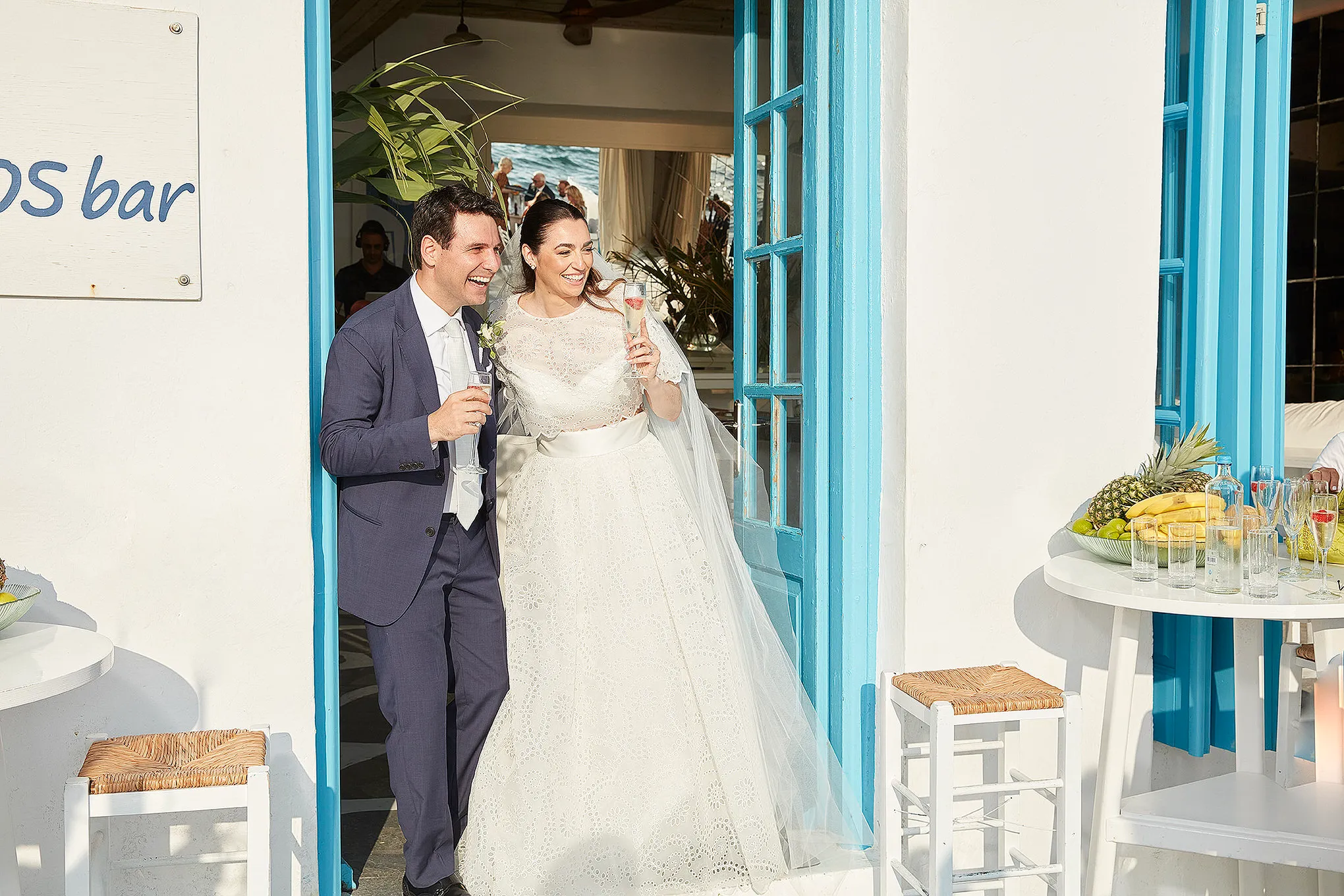 Sunlit documentary wedding photography at sunset, in Mykonos, Greece