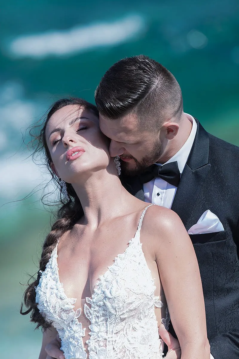 Sunlit garden wedding photography on a Cycladic terrace, in Mykonos, Greece