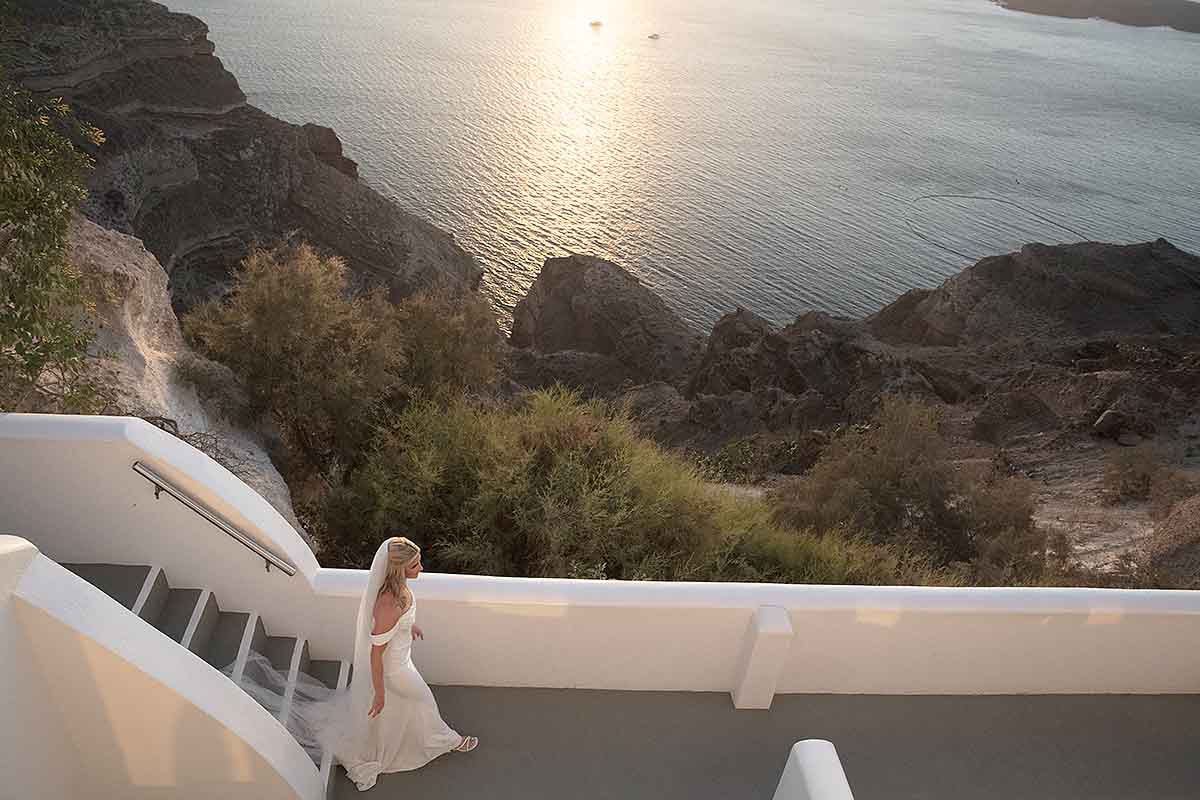 Sunlit harbor wedding photography in a Mykonos courtyard, in Mykonos, Greece