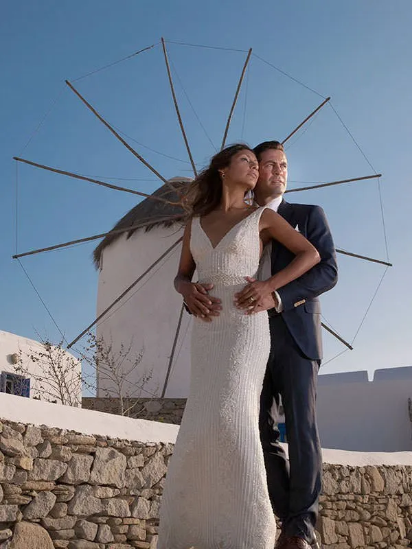 Sunlit lantern wedding photography on a sandy beach, in Mykonos, Greece