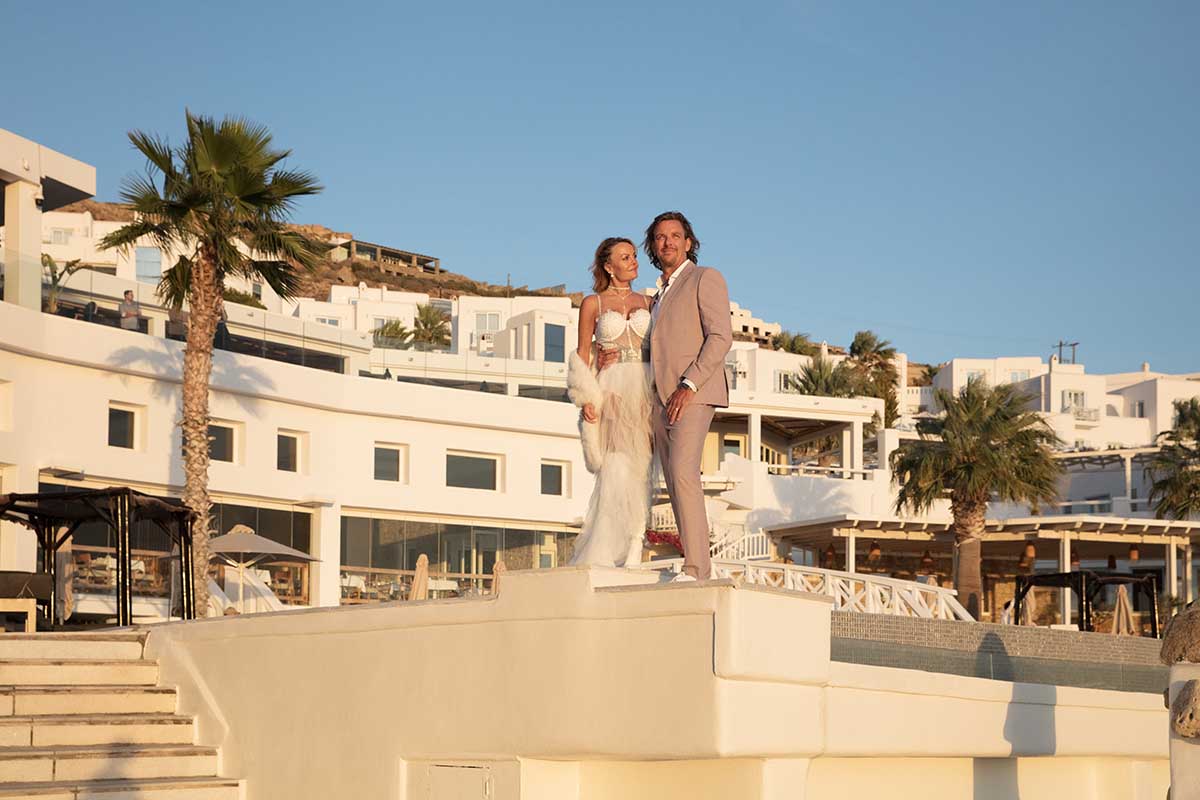 Sunlit luxe resort wedding photography at a Mykonos villa, in Mykonos, Greece