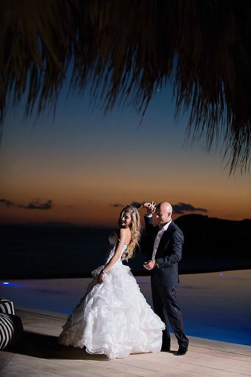 Sunlit sunset wedding photography at a Mykonos villa, in Mykonos, Greece