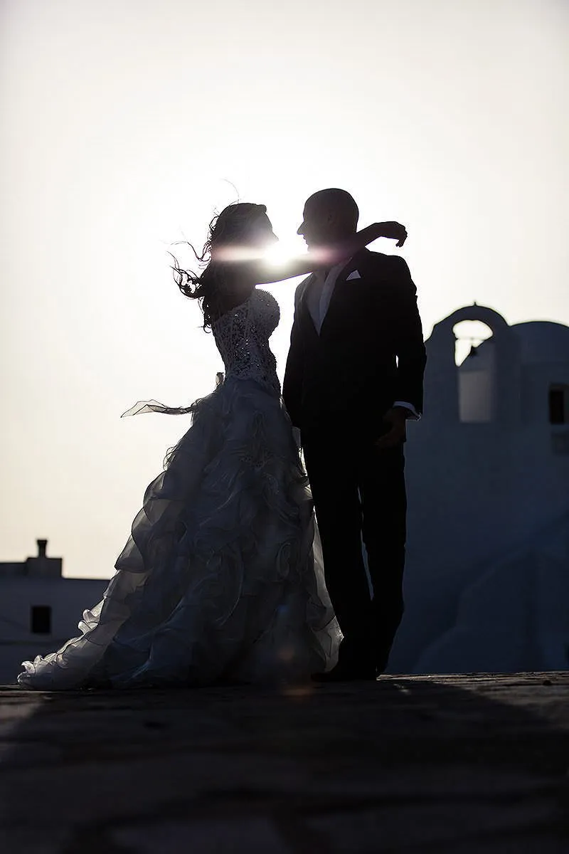 Sunlit villa wedding photography on a Cycladic terrace, in Mykonos, Greece