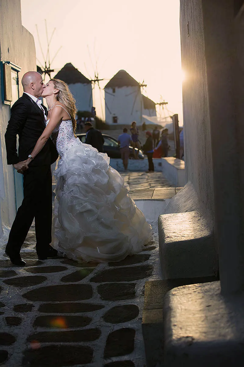 Sunlit white decor wedding photography at a Mykonos villa, in Mykonos, Greece
